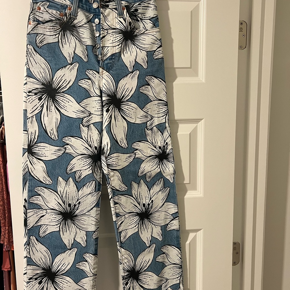 Floral Denim Pants with Button Detail
